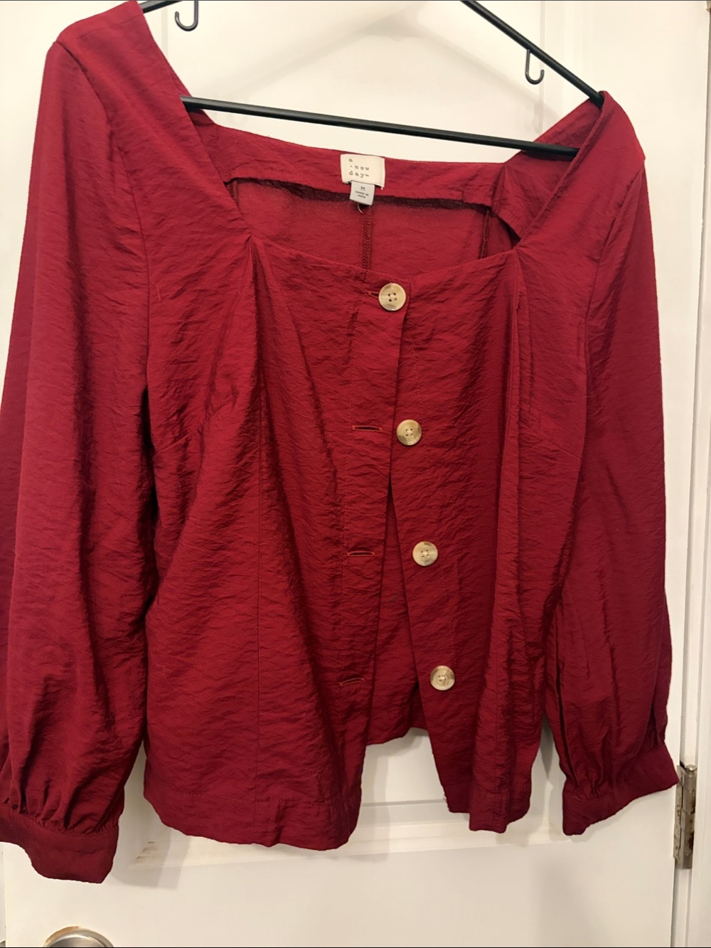 Women's Burgundy Button-Front Square Neck Blouse